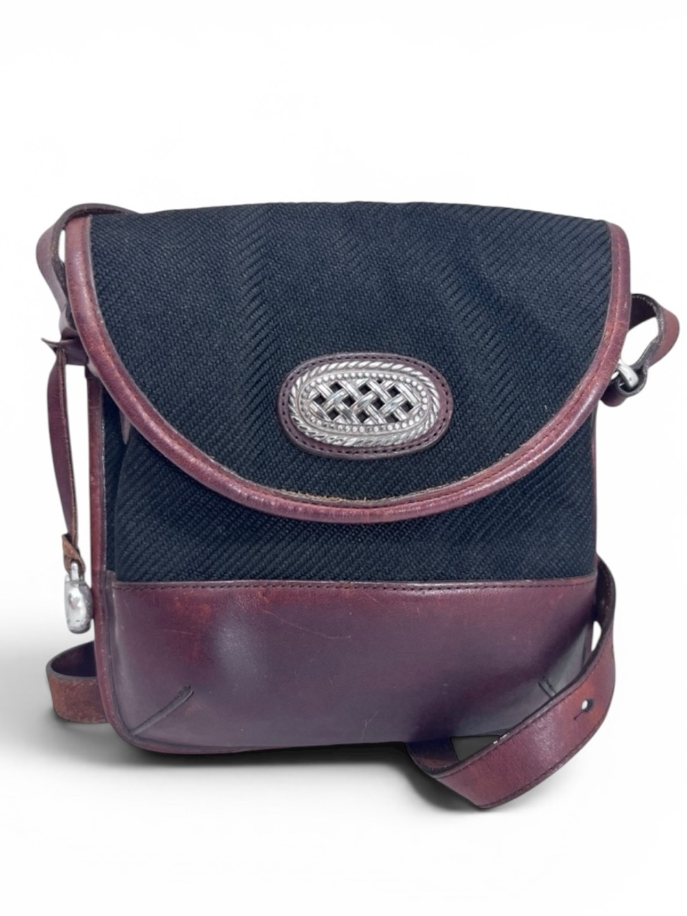 Vintage Brighton Leather & Black Canvas Crossbody Messenger Bag